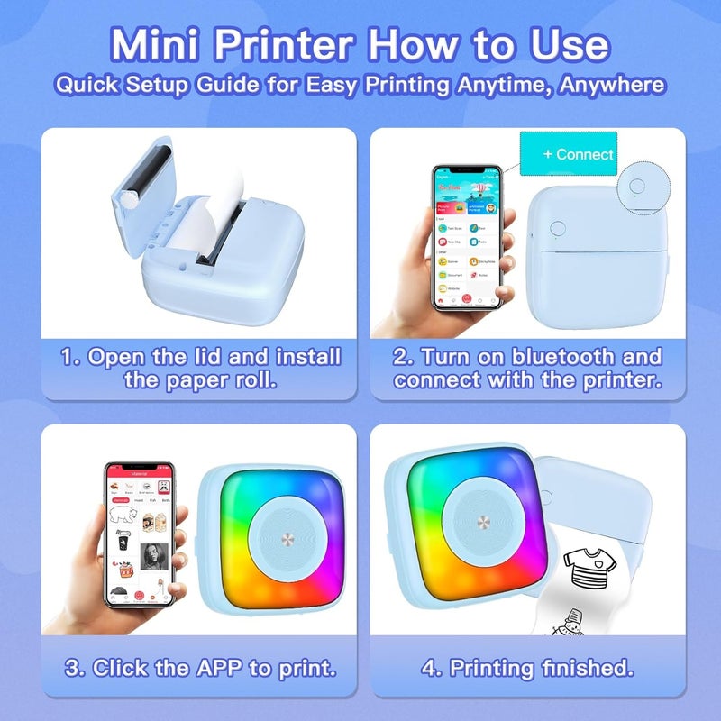 LBT Sticker Printer Print Pod with 6 Rolls Sticker Paper, Seven Color Lighting Modes for DIY Scrapbook, Travel, Notes, Label, Memo, Compatible with iOS&Android - Image 5